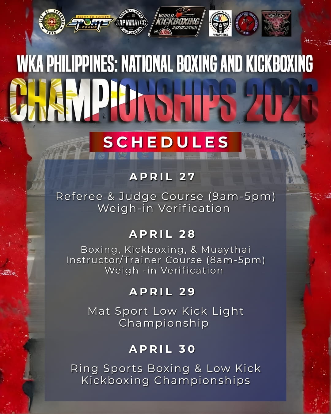 WKA Philippines National Boxing and Kickboxing Championships 2026 Schedules